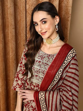 Women Maroon Cotton Blend Embroidered Straight Kurta Pant Set-VKSKD2191